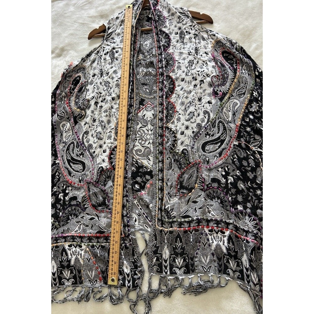 Soft Surroundings Fringe Duster Vest Black White Paisley Boho Festival Kimono - Picture 5 of 10